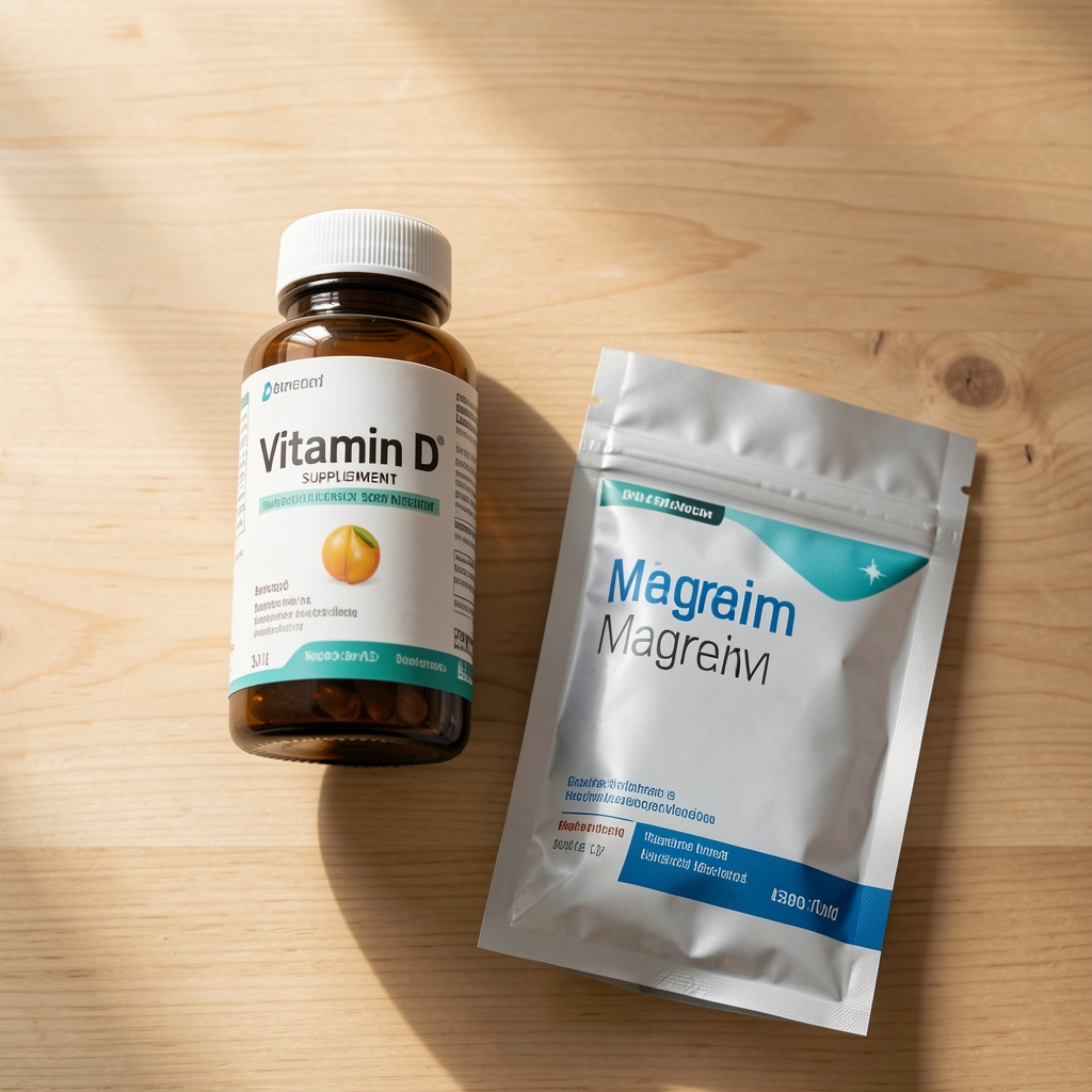 Vitamin D supplement bottle and magnesium capsule pack on a clean wooden surface, editorial overhead composition in natural light