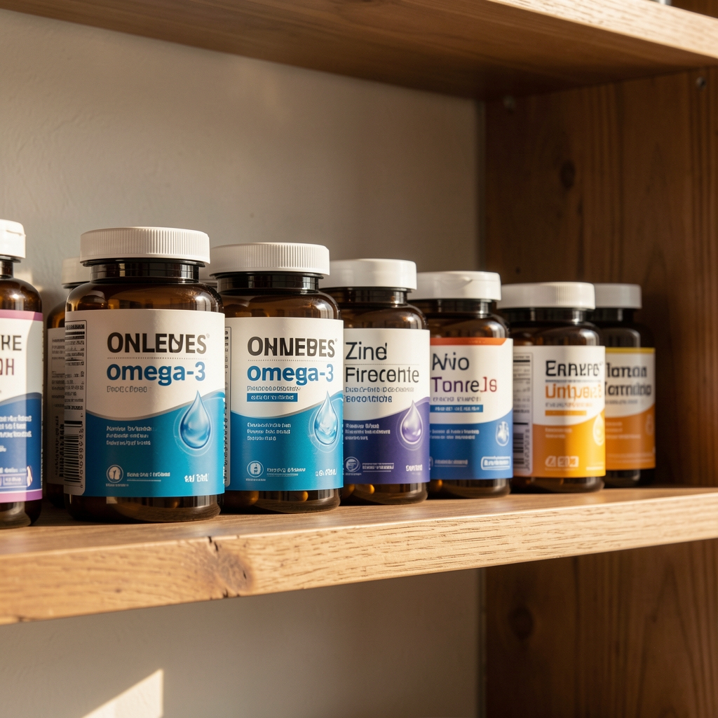 Supplement labels on a wooden shelf with morning light, editorial composition, omega-3 and zinc containers visible